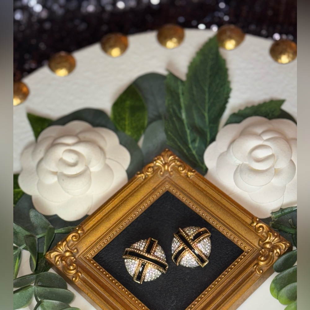 Elegant Gold-tone Clip on Earrings With Black Enamel X And Crystals - Picture 6 of 16